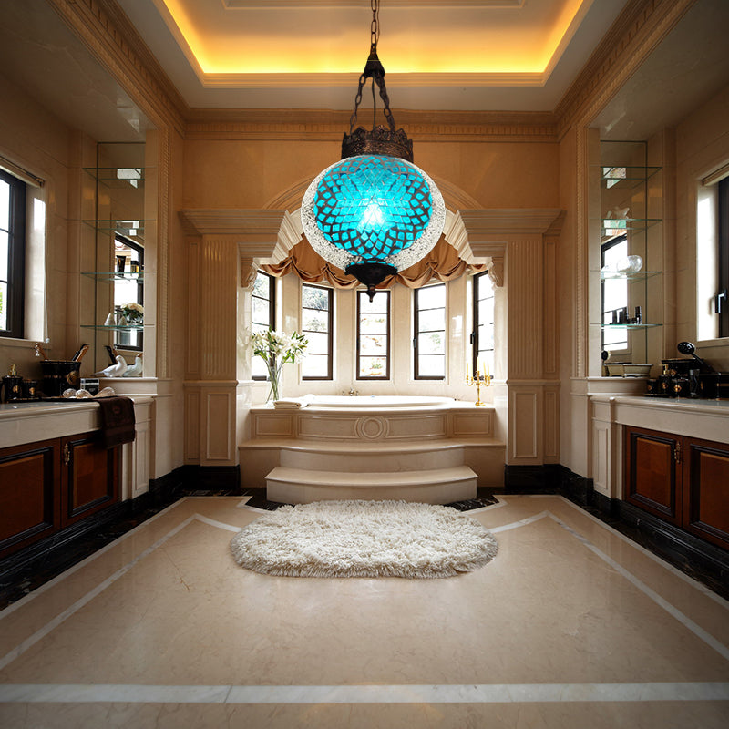 Turkish Globe Hanging Pendant 1 Head Handcrafted Art Glass Suspended Lighting Fixture in Blue/Orange Red