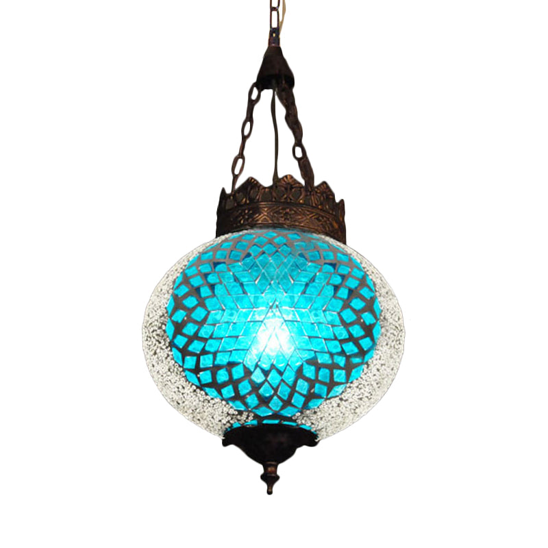 Turkish Globe Hanging Pendant 1 Head Handcrafted Art Glass Suspended Lighting Fixture in Blue/Orange Red