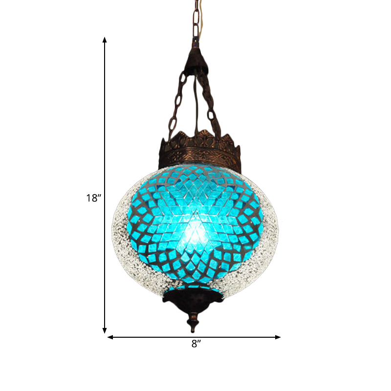 Turkish Globe Hanging Pendant 1 Head Handcrafted Art Glass Suspended Lighting Fixture in Blue/Orange Red
