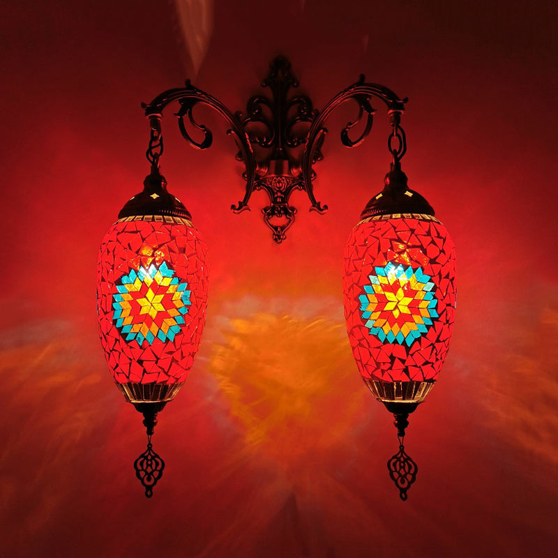 Droplet Stained Glass Wall Lighting Mediterranean 2 Heads Bar Wall Mount Lamp in Red/Orange/Green