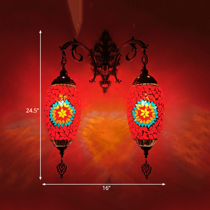 Droplet Stained Glass Wall Lighting Mediterranean 2 Heads Bar Wall Mount Lamp in Red/Orange/Green