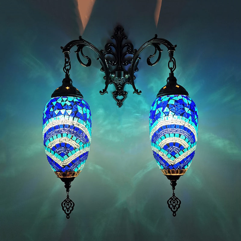 Droplet Stained Glass Wall Lighting Mediterranean 2 Heads Bar Wall Mount Lamp in Red/Orange/Green