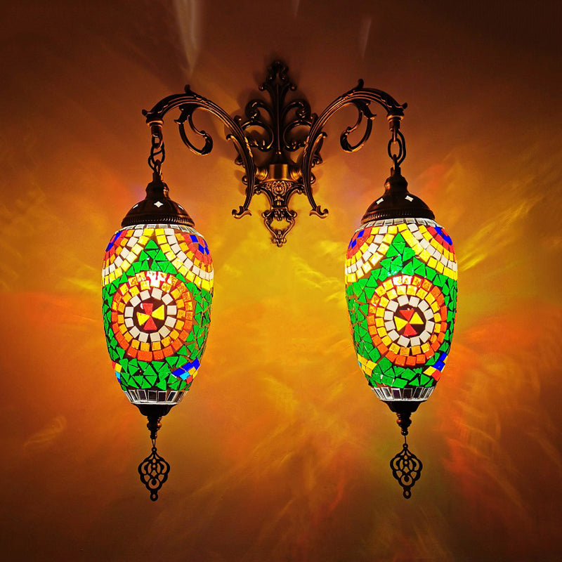 Droplet Stained Glass Wall Lighting Mediterranean 2 Heads Bar Wall Mount Lamp in Red/Orange/Green
