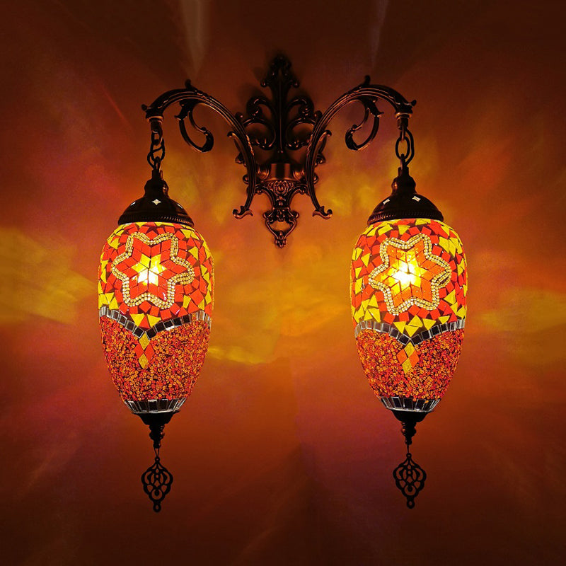 Droplet Stained Glass Wall Lighting Mediterranean 2 Heads Bar Wall Mount Lamp in Red/Orange/Green