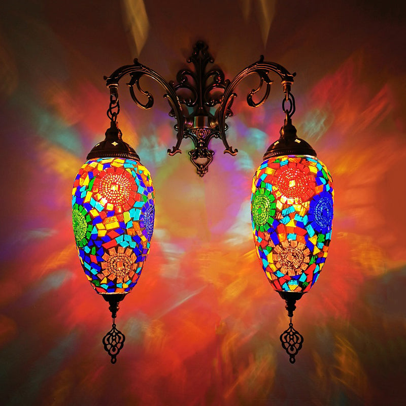 Droplet Stained Glass Wall Lighting Mediterranean 2 Heads Bar Wall Mount Lamp in Red/Orange/Green