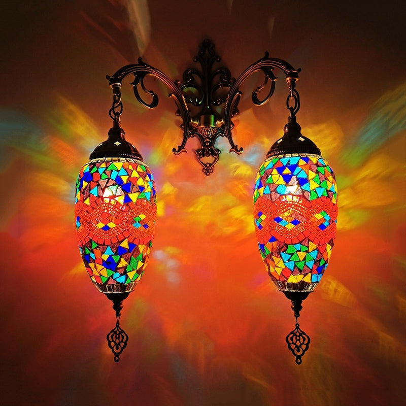 Droplet Stained Glass Wall Lighting Mediterranean 2 Heads Bar Wall Mount Lamp in Red/Orange/Green