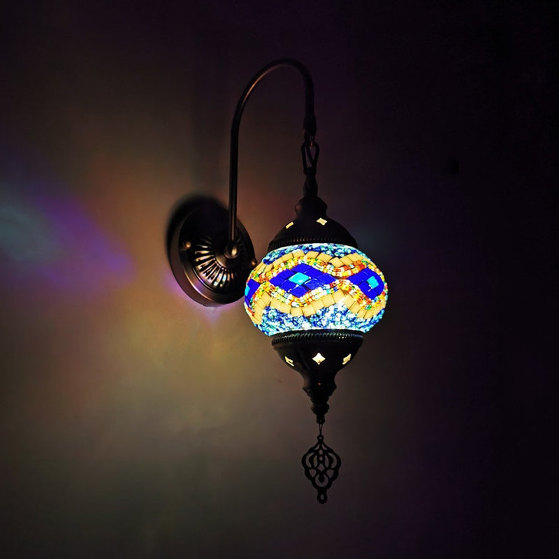 Orb Restaurant Wall Sconce Light Traditionalism Stained Glass 1 Head Yellow/Gold/Lake Blue Wall Lighting Fixture