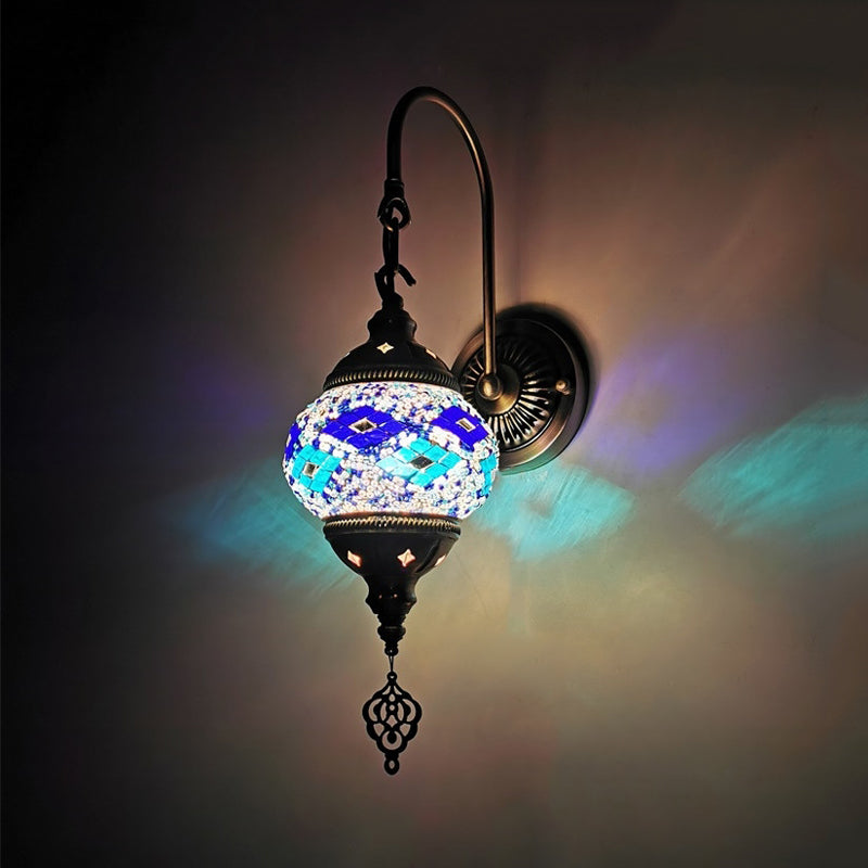 Orb Restaurant Wall Sconce Light Traditionalism Stained Glass 1 Head Yellow/Gold/Lake Blue Wall Lighting Fixture