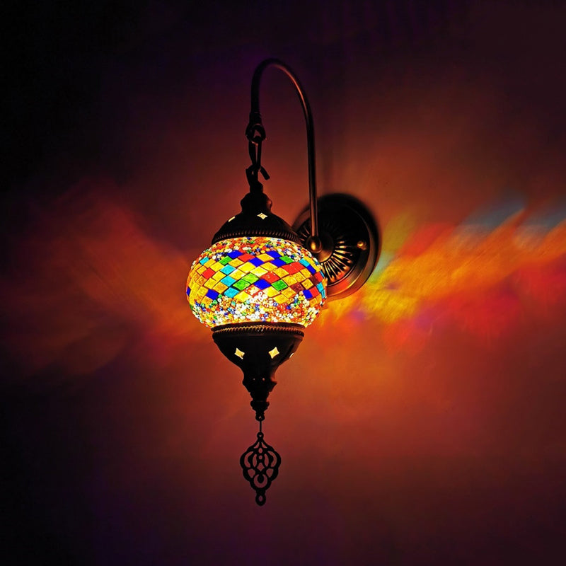 Orb Restaurant Wall Sconce Light Traditionalism Stained Glass 1 Head Yellow/Gold/Lake Blue Wall Lighting Fixture