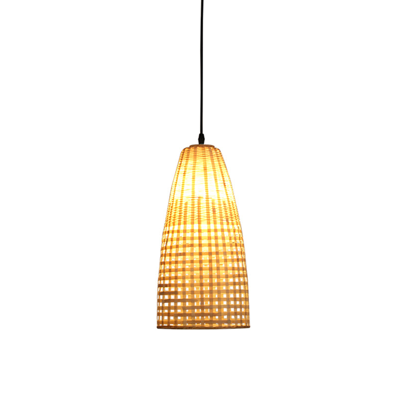 Bamboo Flared Hanging Lamp Chinese 1 Bulb Wood Pendant Light Fixture for Dining Room