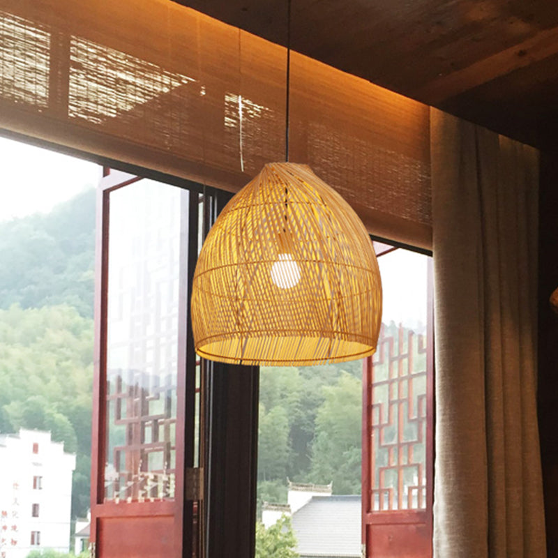 1 Head Dining Room Ceiling Lamp Asia Beige  Hanging Pendant Light with Basket Bamboo Shade