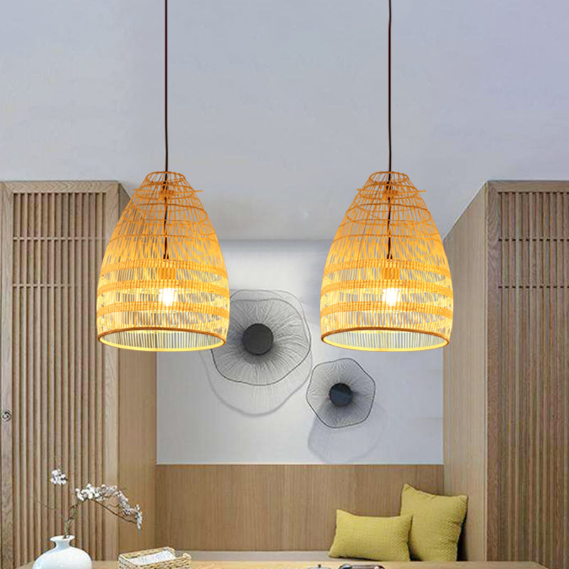 Wide Flare Pendant Lighting Chinese Bamboo 1 Bulb Ceiling Suspension Lamp in Beige