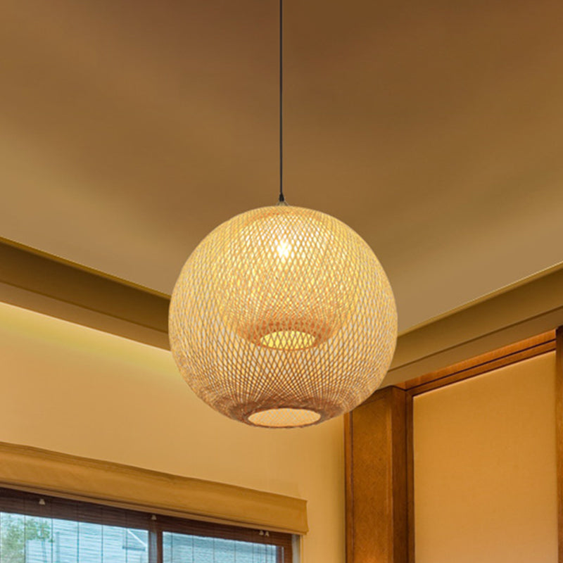 Handcrafted Ceiling Light Chinese Bamboo 1 Bulb Beige Suspended Lighting Fixture