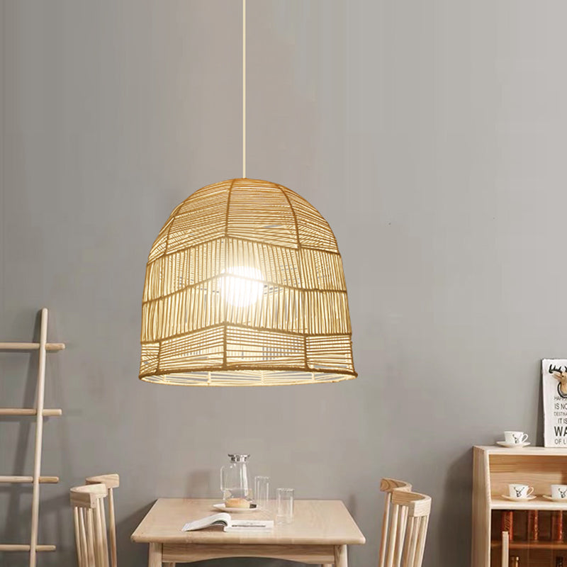 1 Head Basket Pendant Lighting Chinese Bamboo Ceiling Suspension Lamp in Wood for Restaurant