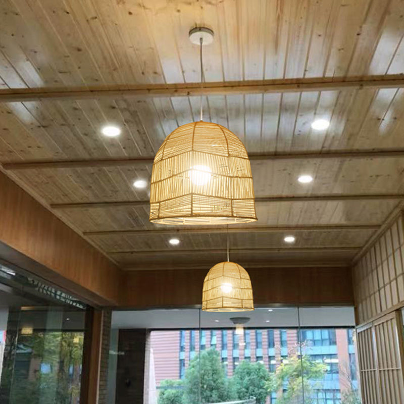 1 Head Basket Pendant Lighting Chinese Bamboo Ceiling Suspension Lamp in Wood for Restaurant