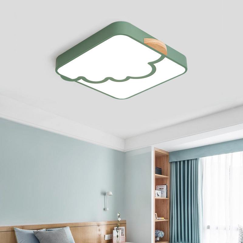 Plafonnier carré moderniste en acrylique gris/blanc/vert LED pour chambre à coucher avec motif nuage