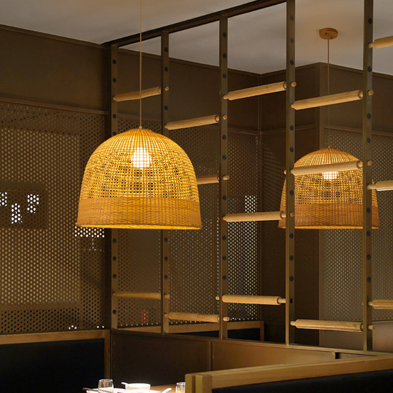 Beige Domed Pendant Lamp Japanese 1 Bulb Bamboo Hanging Ceiling Light for Teahouse