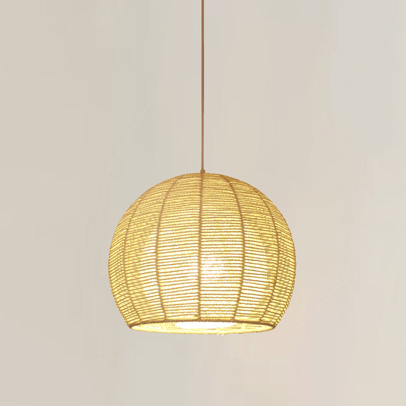 Chinese 1 Head Ceiling Lamp Beige Sphere Hanging Light Fixture with Bamboo Shade
