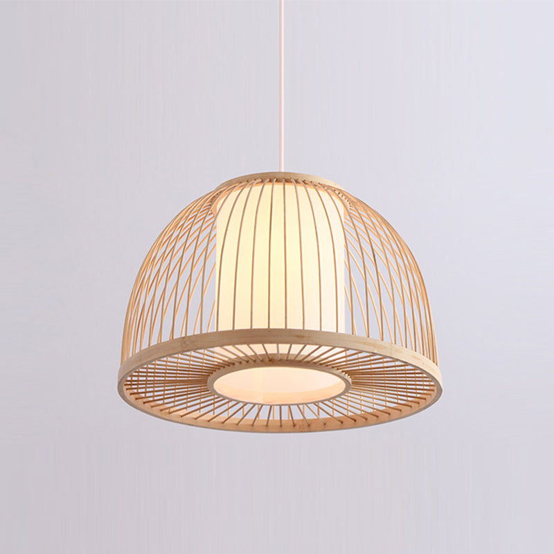 Domed Pendant Light Asian Bamboo 1 Bulb 14"/16" Wide Wood Suspended Lighting Fixture