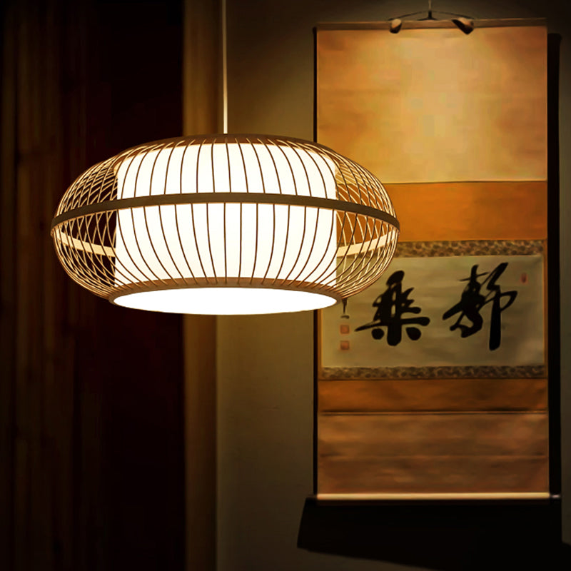 1 Kopfrestaurant Deckenlampe Asia Beige Hängende Leuchte mit Laternenbambusschatten