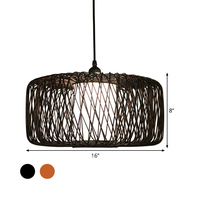Trommel Bambus Hanging Lamp Asian 1 Glühbirne Beige/schwarzer Anhänger Beleuchtungsstoffe für Esszimmer