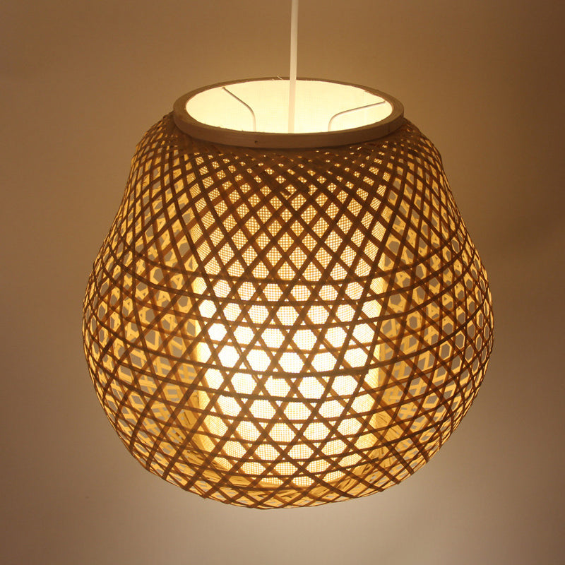 Asian 1 Bulb Pendant Lighting Beige Teardrop Hanging Ceiling Light with Bamboo Shade