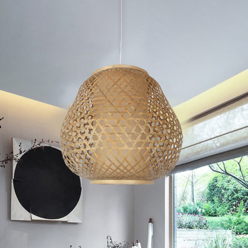 Asian 1 Bulb Pendant Lighting Beige Teardrop Hanging Ceiling Light with Bamboo Shade