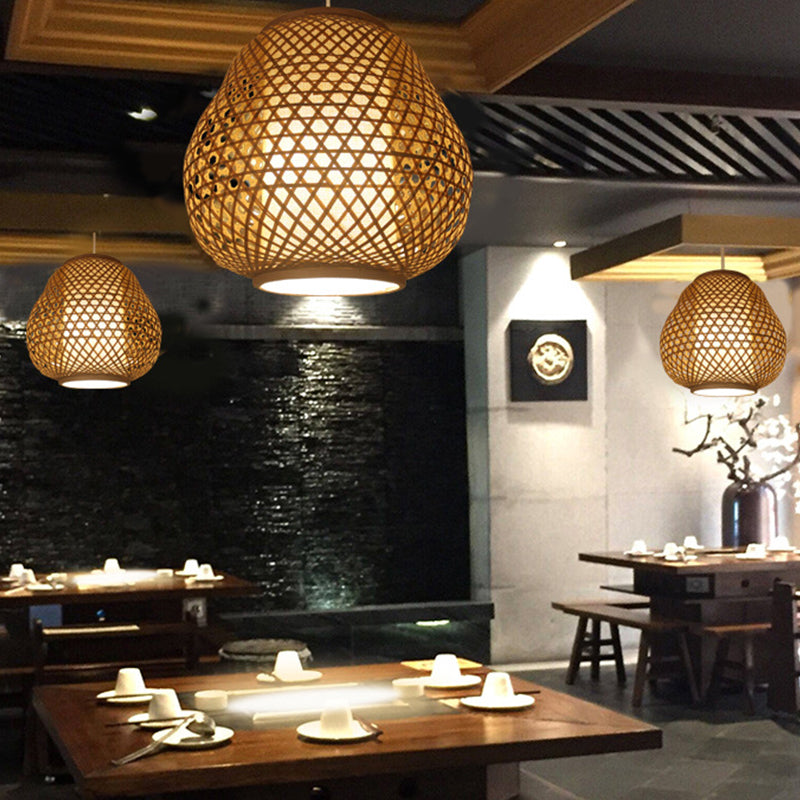 Asian 1 Bulb Pendant Lighting Beige Teardrop Hanging Ceiling Light with Bamboo Shade