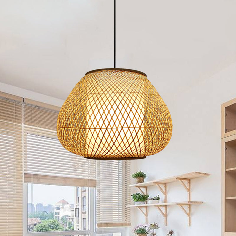 Pear Pendant Light Chinese Bamboo 1 Bulb Beige Suspended Lighting Fixture for Living Room