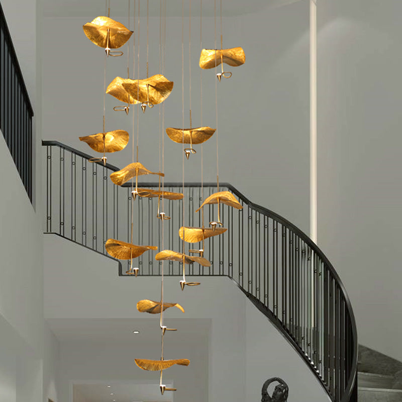 Moderne lotusblattförmige Anhänger Leichte Messing 15/32 Kopftreppe Mehrere Hanglampe in Gold