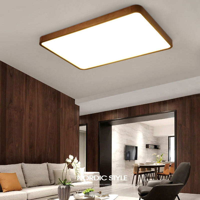 Wooden Rectangular Flush Mount Ceiling Light with White Acrylic Shade for Office Meeting Room