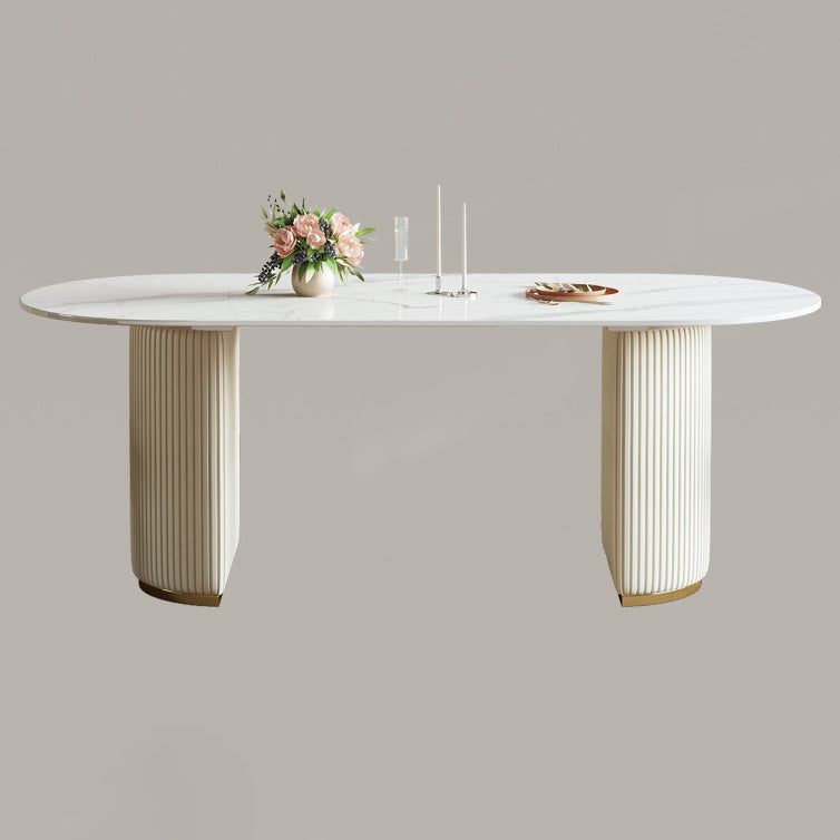 Sintered Stone Top Dining Table Oval Table with Metal Base and Double Pedestal