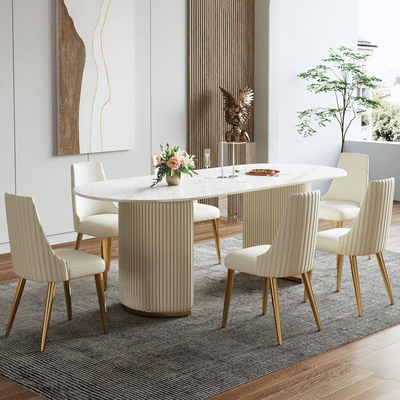 Sintered Stone Top Dining Table Oval Table with Metal Base and Double Pedestal