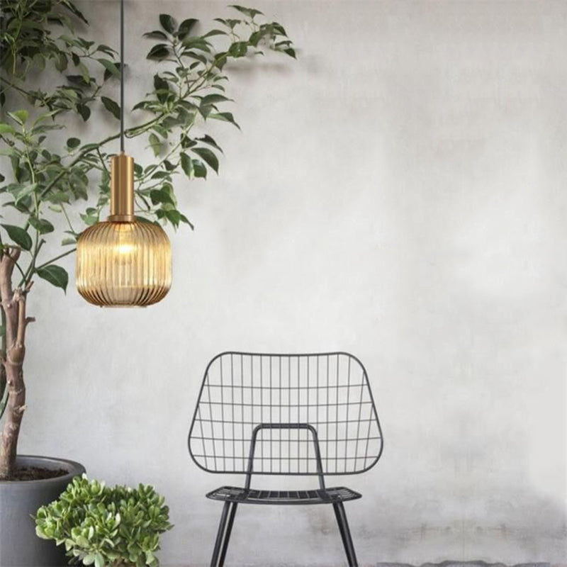 Zeitgenössischer Drum Shade Pendellicht, geripptes Glas 1-Licht-Anhängerbeleuchtung