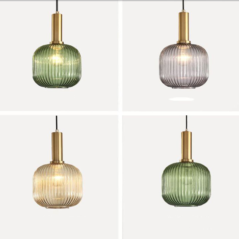 Zeitgenössischer Drum Shade Pendellicht, geripptes Glas 1-Licht-Anhängerbeleuchtung