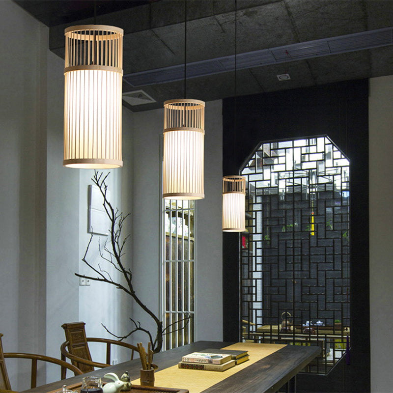 Einfacher 1-Licht-Anhänger Licht, Zylinder Bambuskäfig Schatten Anhängerlampe für das Restaurant