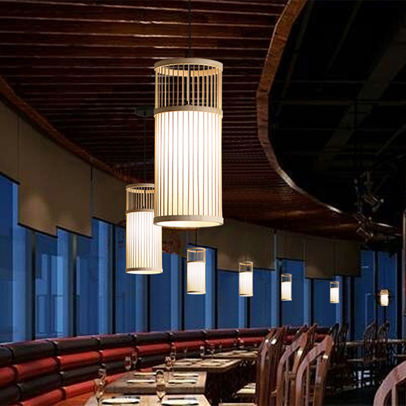 Einfacher 1-Licht-Anhänger Licht, Zylinder Bambuskäfig Schatten Anhängerlampe für das Restaurant