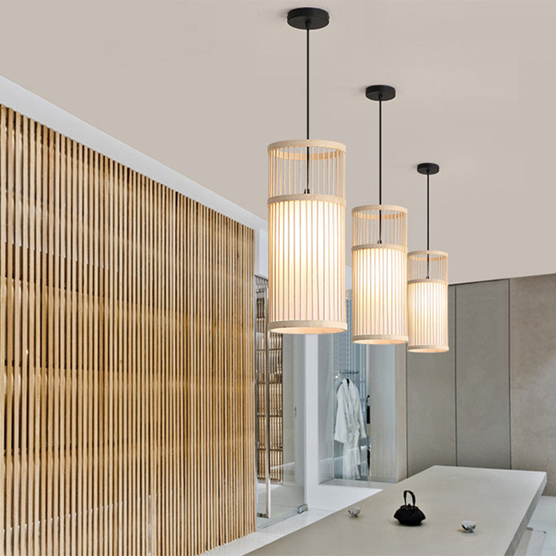 Einfacher 1-Licht-Anhänger Licht, Zylinder Bambuskäfig Schatten Anhängerlampe für das Restaurant