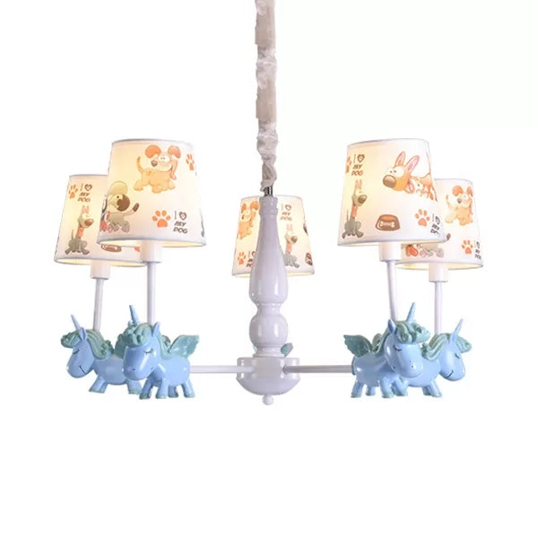 Chandelier de chambre à coucher enfant à licorne avec de la nuance de tissu métal 5 têtes Belle pendentif lampe