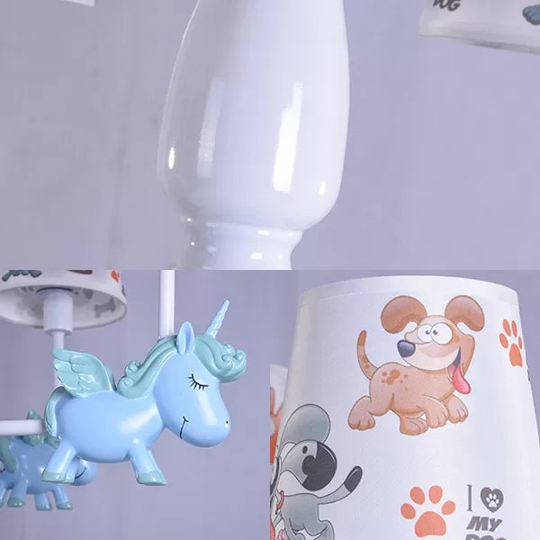 Chandelier de chambre à coucher enfant à licorne avec de la nuance de tissu métal 5 têtes Belle pendentif lampe