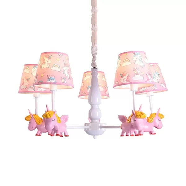Chandelier de chambre à coucher enfant à licorne avec de la nuance de tissu métal 5 têtes Belle pendentif lampe