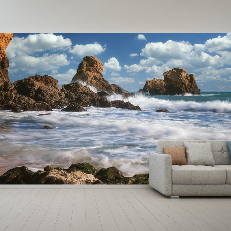 Blue Coastal Sea Wall Covering for Sitting Room Water Resistant, Made to Measure