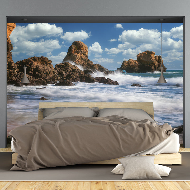 Blue Coastal Sea Wall Covering for Sitting Room Water Resistant, Made to Measure