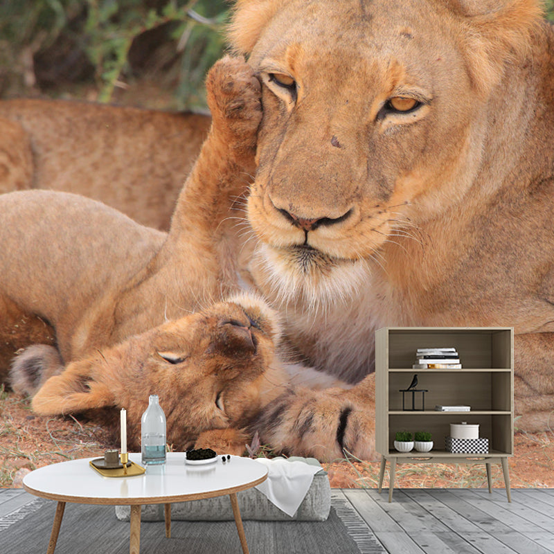 Modern Lioness Mural Wallpaper Moisture Resistant Living Room Wall Covering