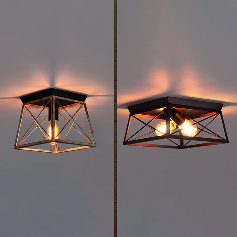Iron Frame Black Ceiling Light in Industrial Retro Style Wrought Iron Geometric Flush Mount