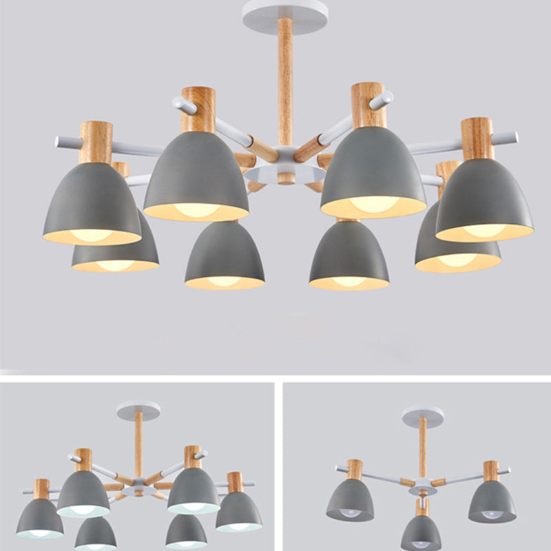 Modern Creative Sputnik Pendant Light Wooden Macaron Chandelier with Wrought Iron Shade