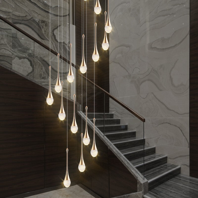 Crystal Gold LED Hanging Lamp in Modern Luxury Style Electroplate Aluminium Pendant Light for Stairs
