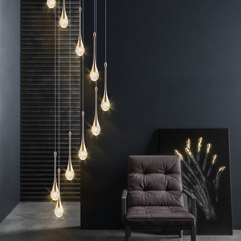 Crystal Gold LED Hanging Lamp in Modern Luxury Style Electroplate Aluminium Pendant Light for Stairs