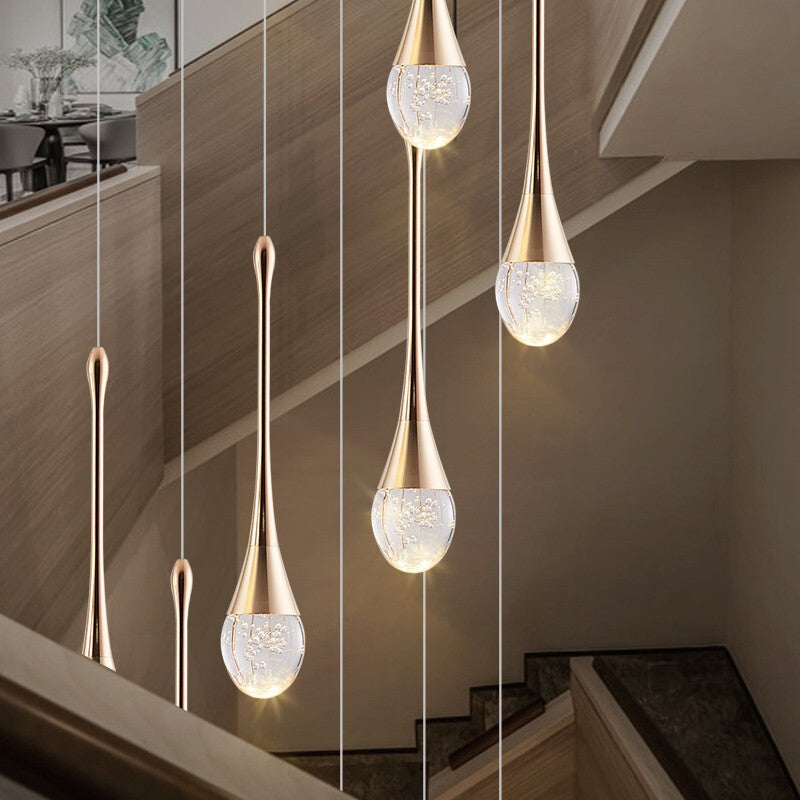 Crystal Gold LED Hanging Lamp in Modern Luxury Style Electroplate Aluminium Pendant Light for Stairs