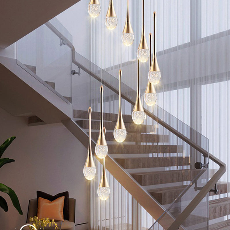 Crystal Gold LED Hanging Lamp in Modern Luxury Style Electroplate Aluminium Pendant Light for Stairs